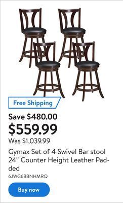 Walmart Gymax set of 4 swivel bar stool 24'' counter height leather padded offer