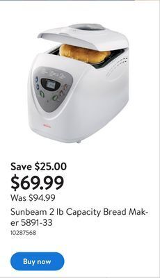 Walmart Sunbeam 2 lb capacity bread maker 5891-33 offer