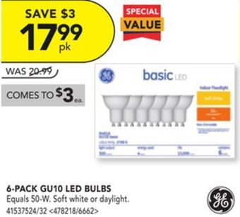 Lowe's Ge 6-pack gu10 led bulbs offer