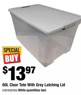 Home Depot 60l clear tote with grey latching lid offer
