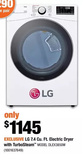 Home Depot Lg 7.4 cu. ft. electric dryer with turbosteam offer