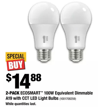 Home Depot 2-pack ecosmart 100w equivalent dimmable a19 with cct led light bulbs offer