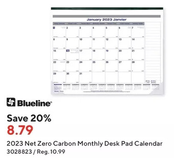 Staples Blueline 2023 net zero carbon monthly desk pad calendar offer