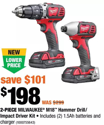 Home Depot 2-piece milwaukee m18 hammer drill/impact driver kit offer