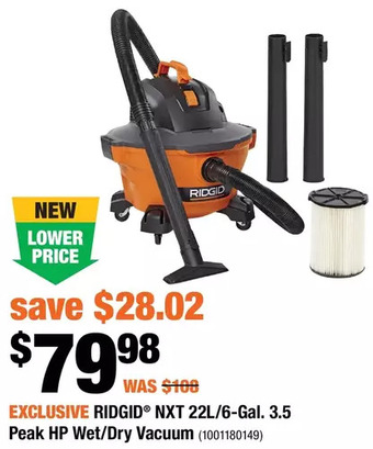 Home Depot Ridgid nxt 22l/6-gal. 3.5 peak hp wet/dry vacuum offer