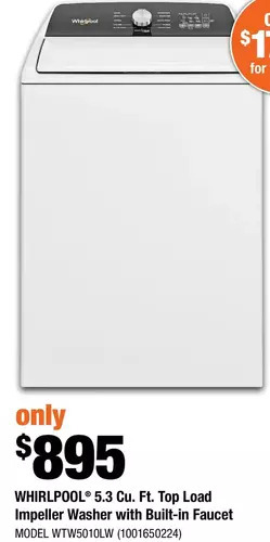 Home Depot Whirlpool 5.3 cu. ft. top load impeller washer with built-in faucet offer