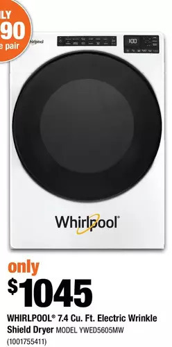 Home Depot Whirlpool 7.4 cu. ft. electric wrinkle shield dryer offer