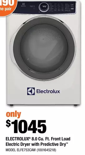 Home Depot Electrolux 8.0 cu. ft. front load electric dryer with predictive dry offer