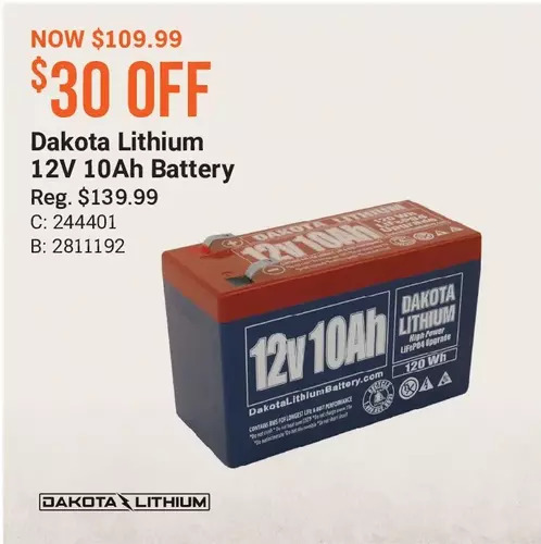 Dakota lithium 12v 10ah battery offer at Cabela's