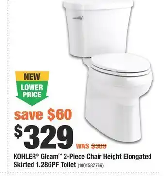 Home Depot Kohler® gleam™ 2-piece chair height elongated skirted 1.28gpf toilet offer