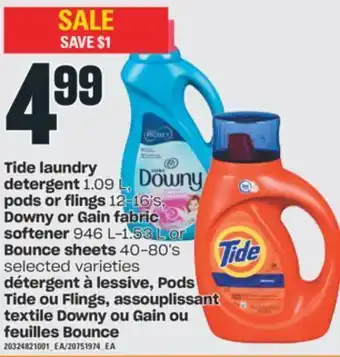 Valu-mart Détergent à lessive, pods tide ou flings, assouplissant textile downy ou gain ou feuilles bounce offer