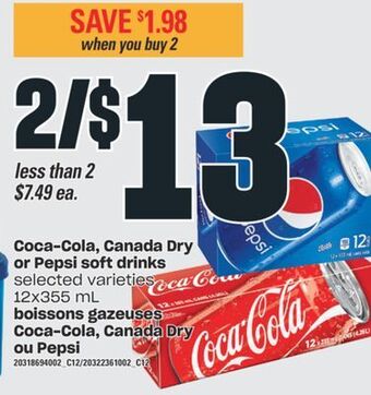 Valu-mart Boissons gazeuses coca-cola, canada dry, ou pepsi 12x355 ml offer
