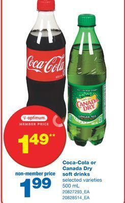 Wholesale Club Coca-cola or canada dry soft drinks, 500 ml offer