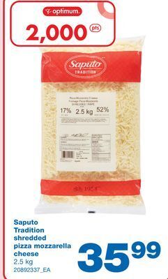 Wholesale Club Saputo tradition shredded pizza mozzarella cheese, 2.5 kg offer