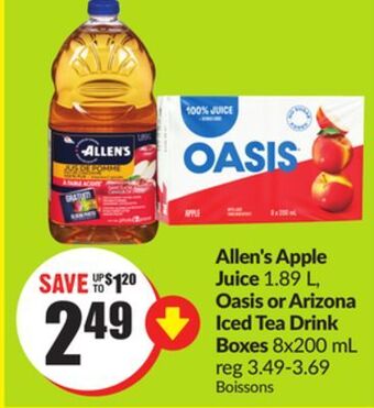 Chalo FreshCo Allen's apple juice 1.89 l, oasis or arizona iced tea drink boxes 8x200 ml offer