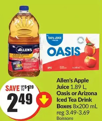 FreshCo Allen's apple juice, oasis or arizona iced tea drink boxes offer
