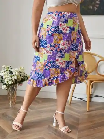 SheIn Plus patchwork print ruffle hem skirt offer