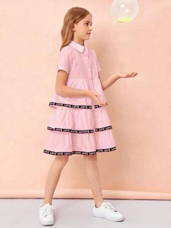 SheIn Shein girls contrast letter tape detail layered ruffle hem dress offer