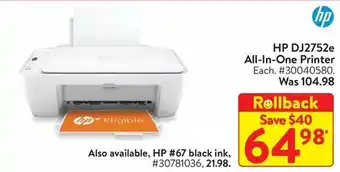 Walmart Hp dj2752e all-in-one printer | hp #67 black ink offer
