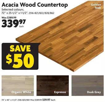 Home Hardware Acacia wood countertop: 72" x 25-1/2" x 1-1/2" | 74" x 40" x 1-1/2" offer