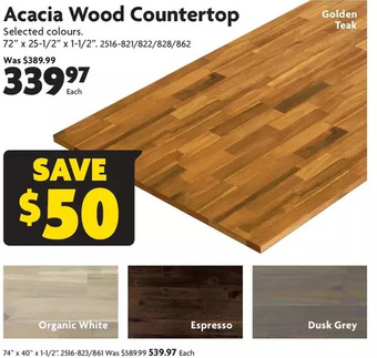 Home Hardware Acacia wood countertop: 72" x 25-1/2" x 1-1/2" | 74" x 40" x 1-1/2" offer