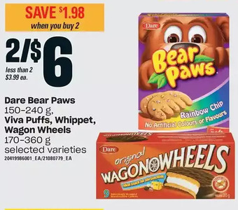 Loblaws Dare bear paws, viva puffs, whippet, wagon wheels offer