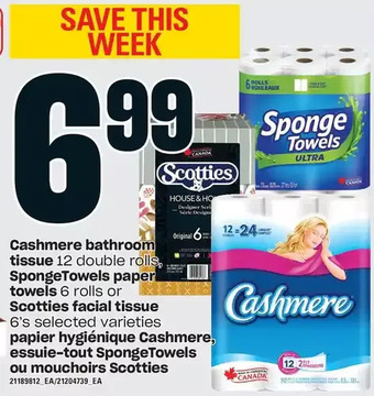 Independent Grocer Cashmere bathroom tissue, spongetowels paper towels or scotties facial tissue offer