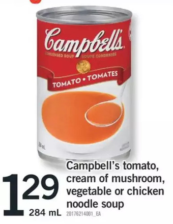 Fortinos Campbell's tomato, cream of mushroom, vegetable or chicken noodle soup offer