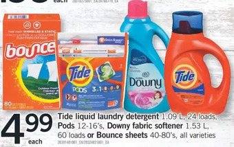 Fortinos Tide liquid laundry detergent, pods, downy fabric softener or bounce sheets offer