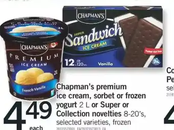 Fortinos Chapman's premium ice cream, sorbet or frozen yogurt or super or collection novelties offer