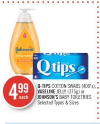 Shoppers Drug Mart Q-tips cotton swabs (400's), vaseline jelly (375g) or johnson's baby toiletries offer