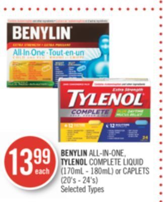 Shoppers Drug Mart Benylin all-in-one, tylenol complete liquid (170ml - 180ml) or caplets (20's - 24's) offer