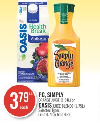 Shoppers Drug Mart Pc, simply orange juice (1.54l) or oasis juice blends (1.75l) offer