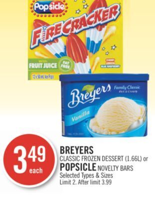 Shoppers Drug Mart Breyers classic frozen dessert (1.66l) or popsicle novelty bars offer