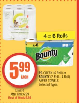 Shoppers Drug Mart Pc green (6 roll) or bounty (2 roll - 4 roll) paper towels offer