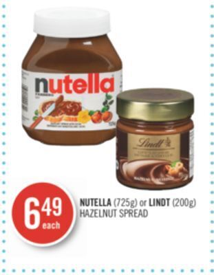Shoppers Drug Mart Nutella (725g) or lindt (200g) hazelnut spread offer