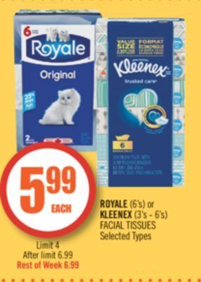 Shoppers Drug Mart Royale (6's) or kleenex (3's - 6's) facial tissues offer