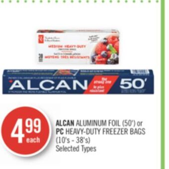 Shoppers Drug Mart Alcan aluminum foil (50') or pc heavy-duty freezer bags (10's - 38's) offer