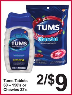 Pharmasave Tums tablets 60 – 150's or chewies 32's offer