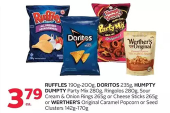 Rexall Ruffles, doritos, humpty dumpty party mix, ringolos, sour cream & onion rings or cheese sticks or werther's original caramel offer