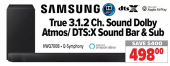 2001 Audio Video Samsung true 3.1.2 ch. sound dolby atmos/ dts:x sound bar & sub offer