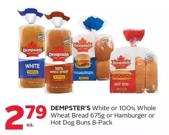 Rexall Dempster's white or 100% whole wheat bread or hamburger or hot dog buns offer