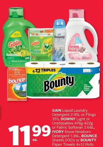Rexall Gain liquid laundry detergent or flings, downy light or unstopables or fabric softener, ivory snow newborn detergent, bounce offer
