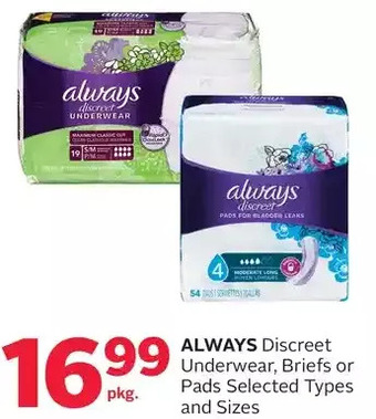 Rexall Always discreet underwear, briefs or pads offer