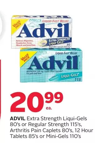 Rexall Advil extra strength liqui-gels or regular strength, arthritis pain caplets, 12 hour tablets or mini-gels offer