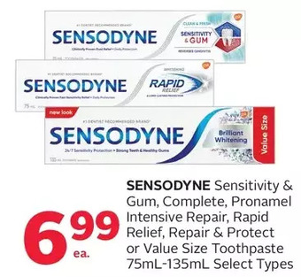 Rexall Sensodyne sensitivity & gum, complete, pronamel intensive repair, rapid relief, repair & protect or value size toothpaste offer