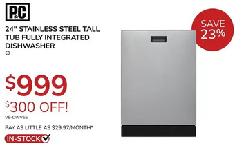 Goemans Appliances P&c 24" stainless steel tall tub fully integrated dishwasher offer