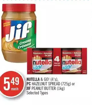 Shoppers Drug Mart Nutella & go!, pc hazelnut spread or jif peanut butter offer