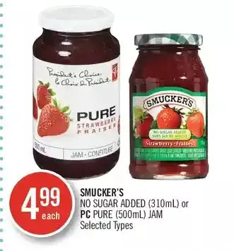 Shoppers Drug Mart Smucker's no sugar added or pc pure jam offer