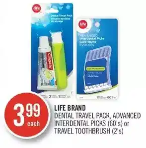 Shoppers Drug Mart Life brand dental travel pack, advanced interdental picks or travel toothbrush offer